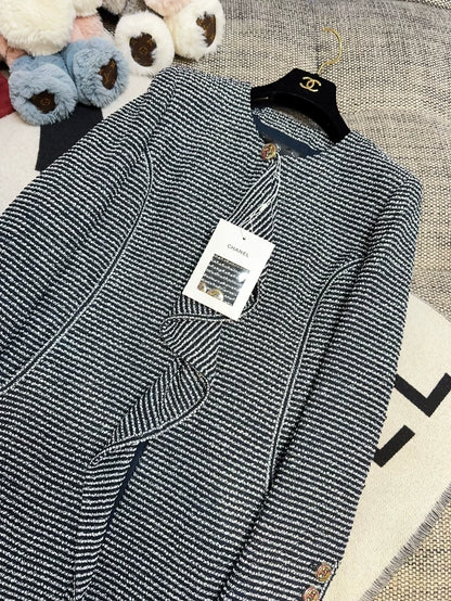Chanel 20C navy blue and shimmering white striped tweed with ruffles coat