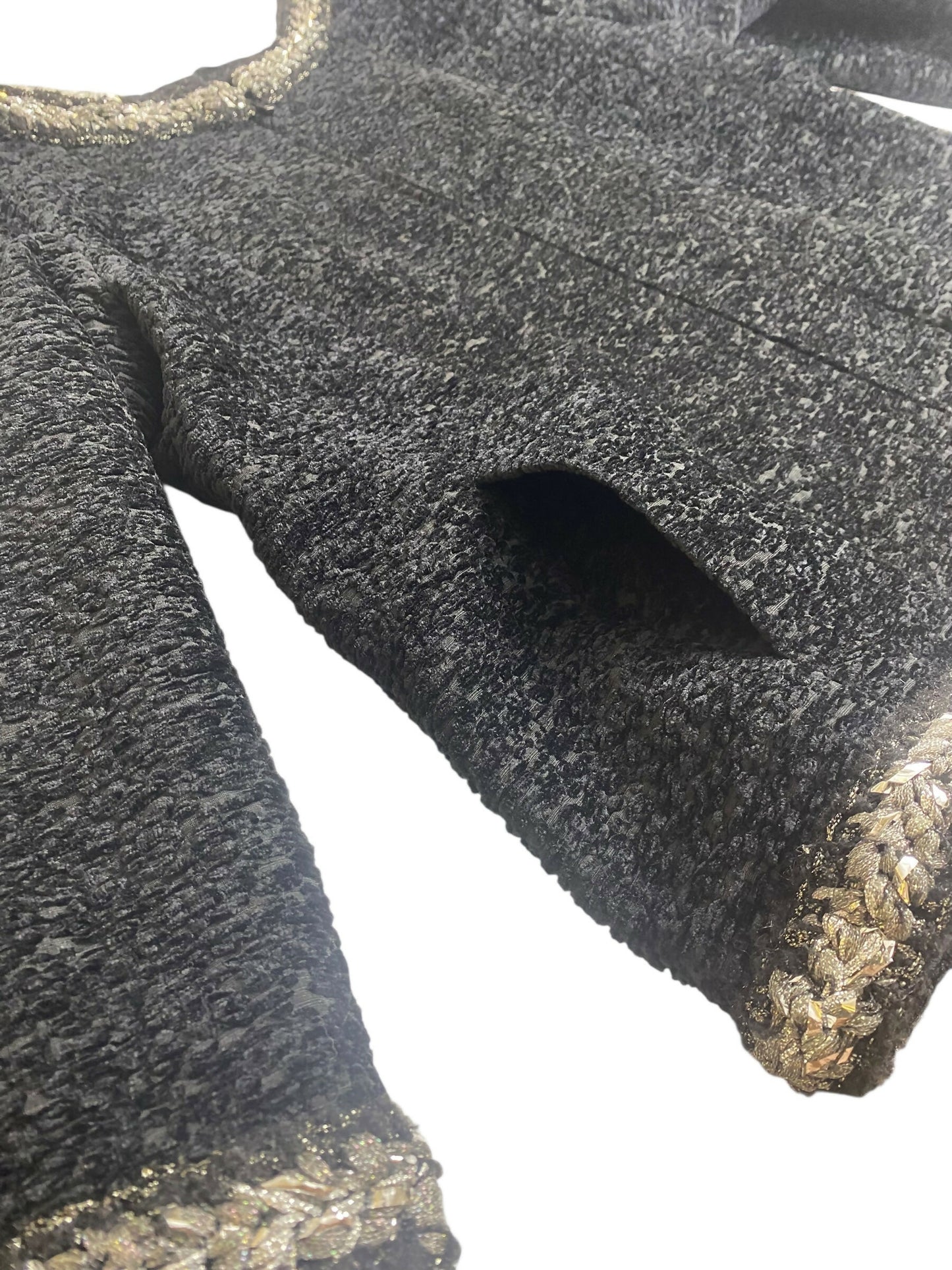 Chanel 14A Runway Supermarket Collection Black Boucle Silver Metallic Braided Trim Jacket 42