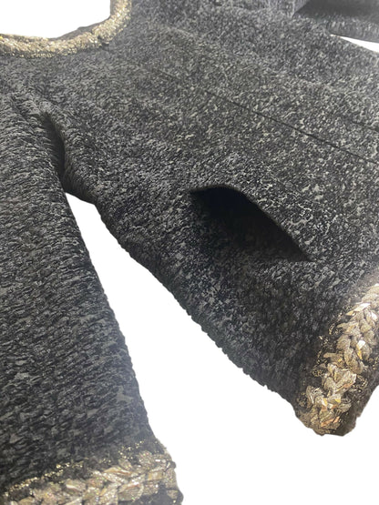 Chanel 14A Runway Supermarket Collection Black Boucle Silver Metallic Braided Trim Jacket 42