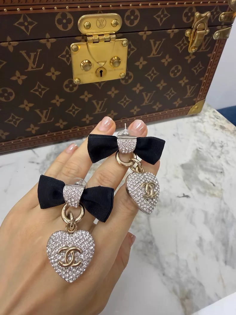 Chanel mini rhinestone heart bow earrings