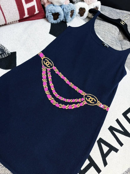 Chanel Coco Neige Ski Collection navy blue knit slip dress