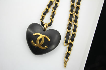 Chanel Vintage 91 Wooden Heart CC & Leather Chain Necklace