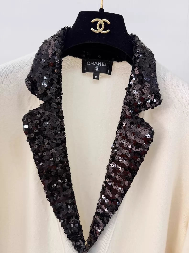 Chanel 23C ecru black sequined cardigan