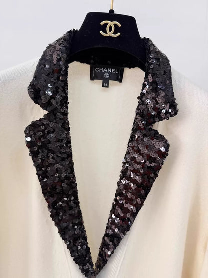 Chanel 23C ecru black sequined cardigan