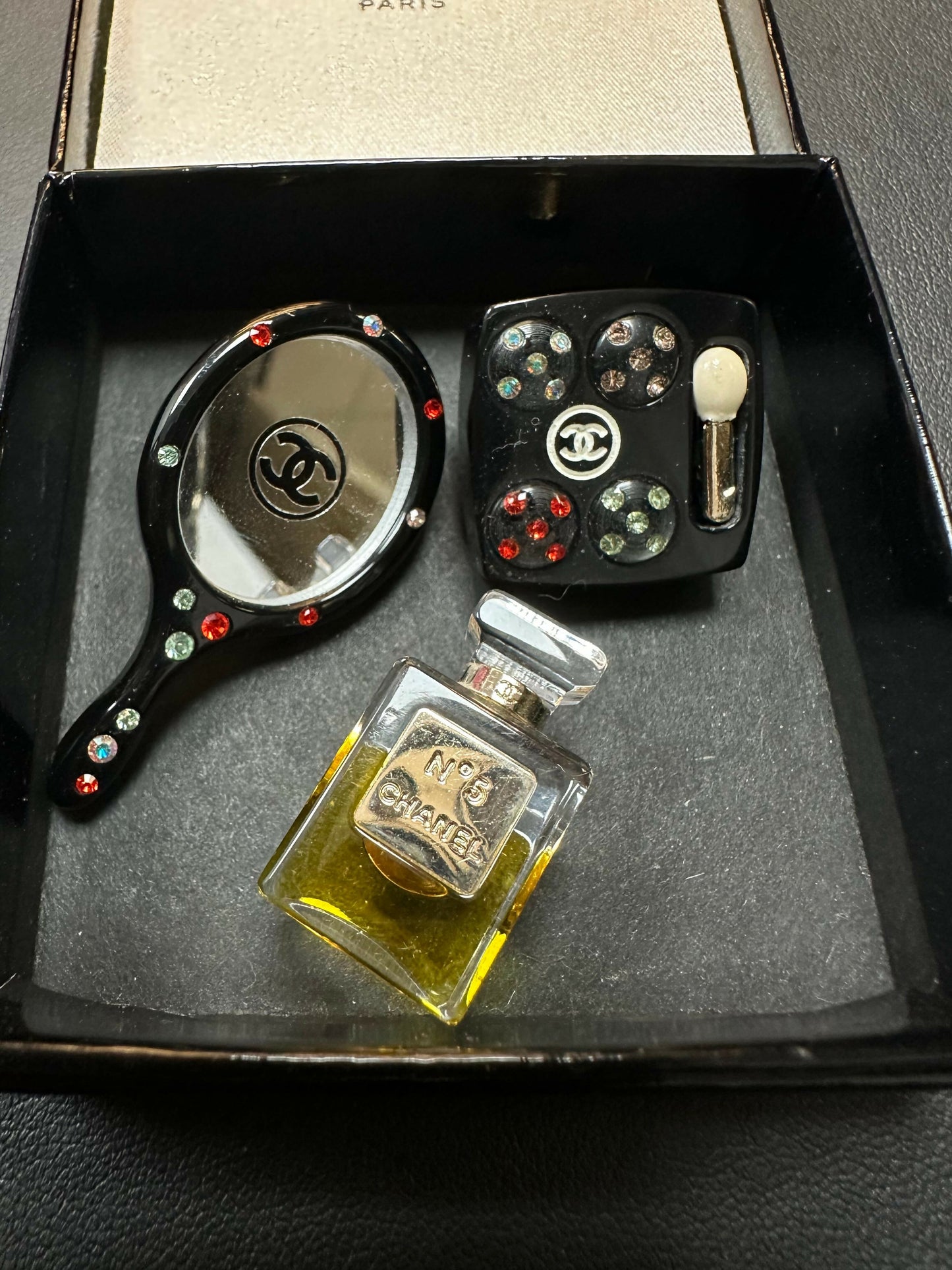 Chanel Vintage 20024 Rhinestone Black Perfume Mirror Cosmetics Three-piece Brooch