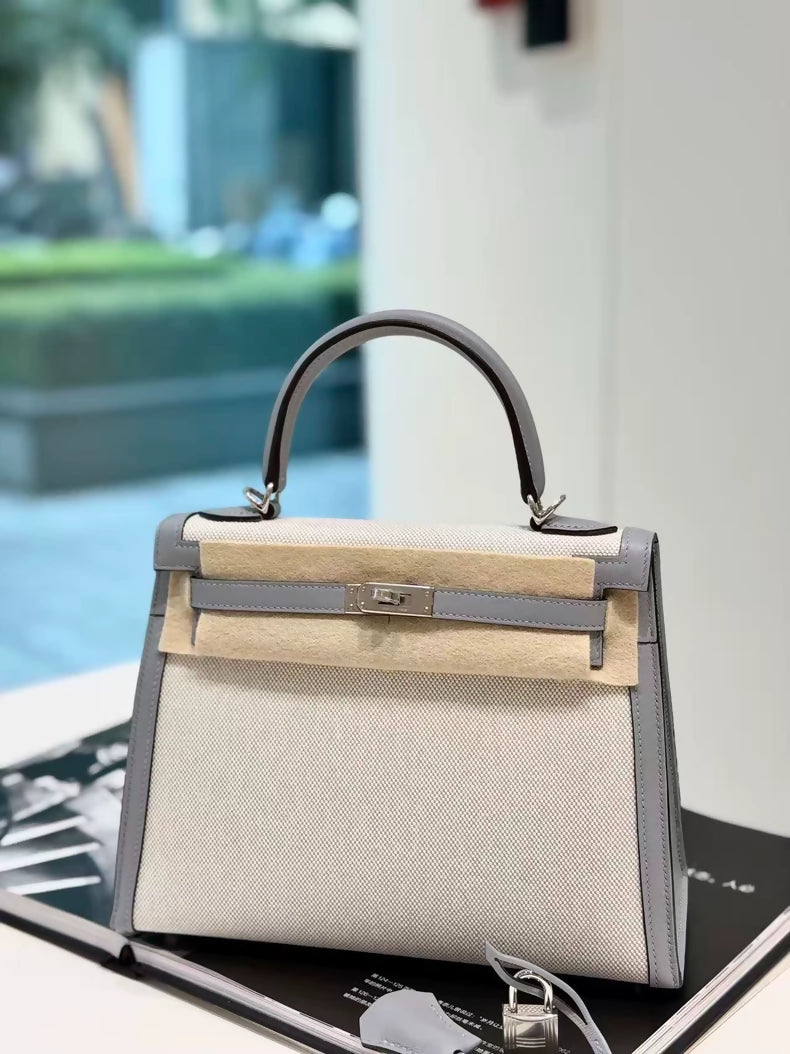 Hermes Kelly 25 toile & grey swift leather palladium hardware