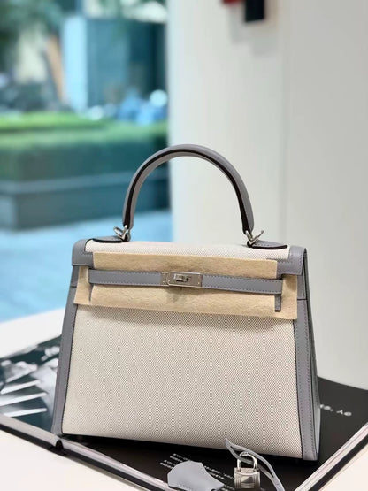 Hermes Kelly 25 toile & grey swift leather palladium hardware
