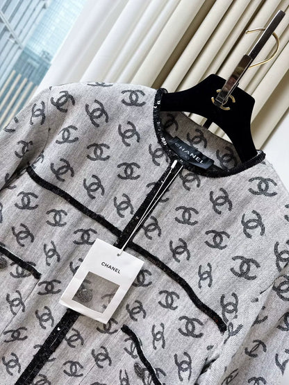 Chanel 22S gray denim jacket with full double C logo print