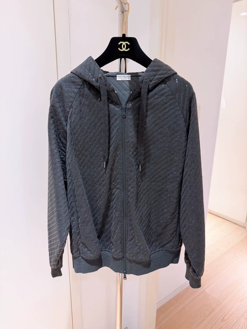 Brunello Cucinelli BC Dark Grey Twill Sequined Hooded Jacket
