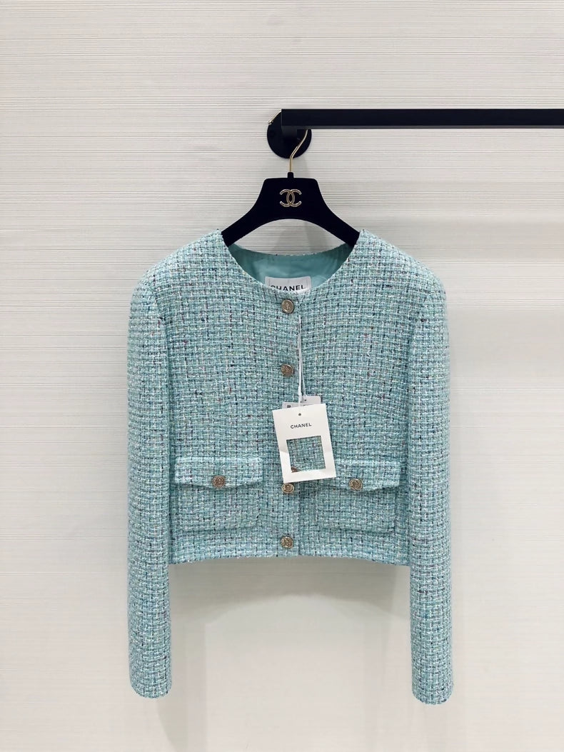 Chanel 25a lake blue tweed jacket, F36, gold buttons
