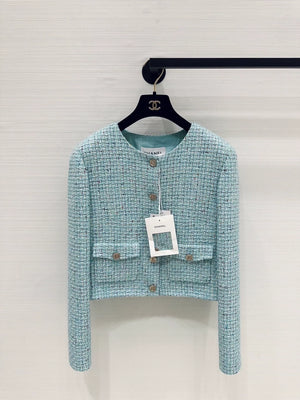Chanel 25a lake blue tweed jacket, F36, gold buttons