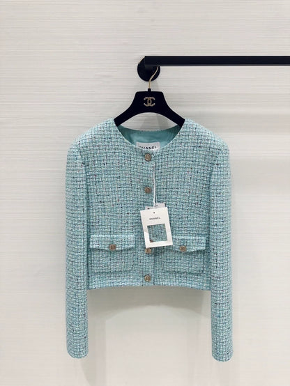 Chanel 25a lake blue tweed jacket, F36, gold buttons