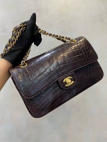 Chanel purplish-brown shiny crocodile leather with gold hardware CF medium size flap bag