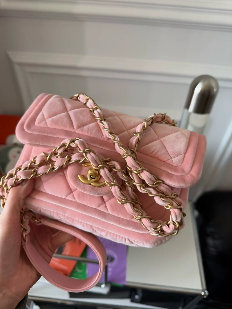 Chanel 22c Peach Pink Velvet Mini Flap Bag