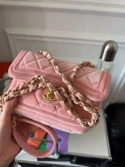 Chanel 22c Peach Pink Velvet Mini Flap Bag