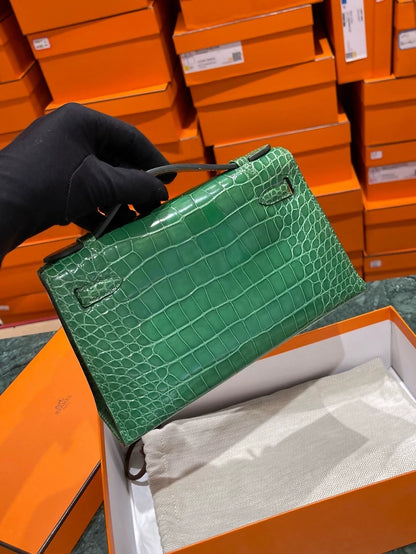 Hermes mini Kelly pochette cactus green shiny crocodile leather palladium hardware