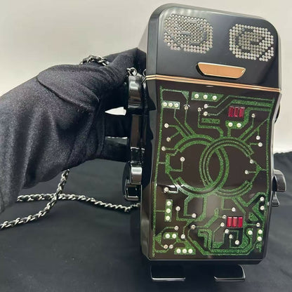 pre-owned chanel limited edition robot minaudière bag black plexiglass and crystals ruthenium hardware