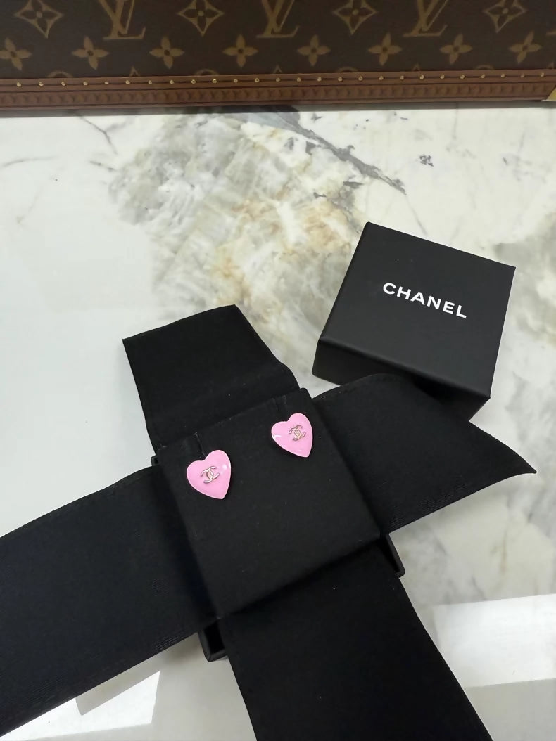 Chanel 25B Pink Heart Light Gold Double C Stud Earrings