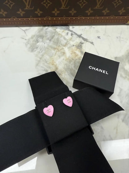 Chanel 25B Pink Heart Light Gold Double C Stud Earrings