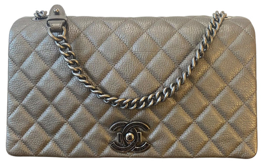 Chanel City Rock Large Dark Grey Metallic Quilted Goatskin Flap Bag