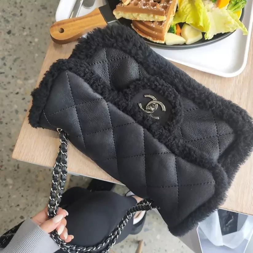 Chanel 2018 Medium Black Shearling Coco Neige Flap Bag