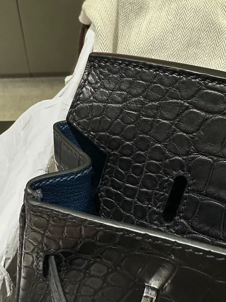 Hermes Birkin 25 black matte crocodile leather palladium hardware