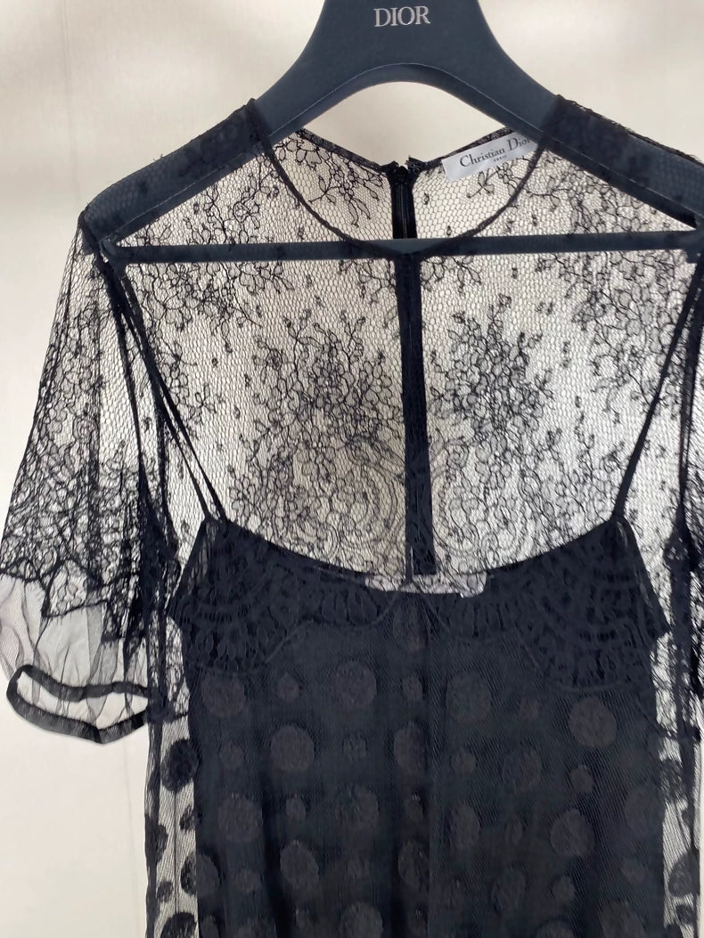 Dior embroidered mesh polka dot silk lining dress