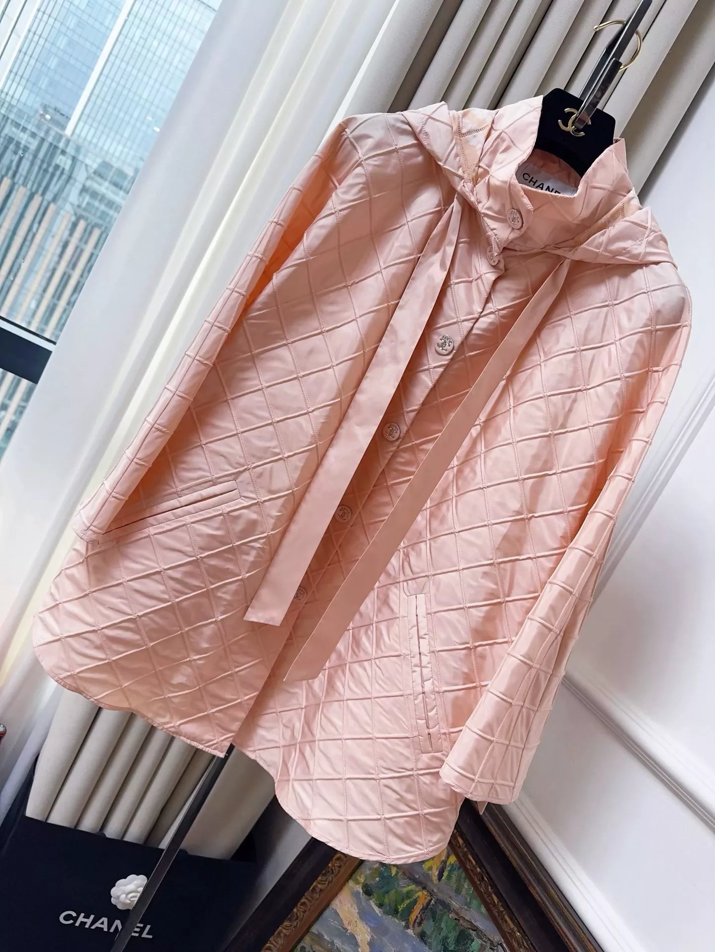 Chanel 25M coco beach orange pink diamond pattern hooded cape coat
