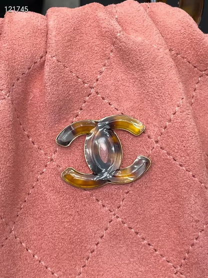 Chanel 26C tortoiseshell handle pink suede handbag