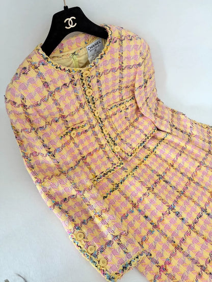 Chanel 1994 runway orange-pink houndstooth cardigan dress set