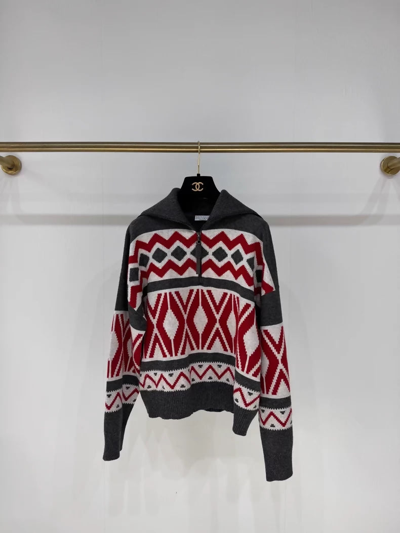 Brunello Cucinello Red Jacquard Half-Zip Cashmere Knit Sweater,