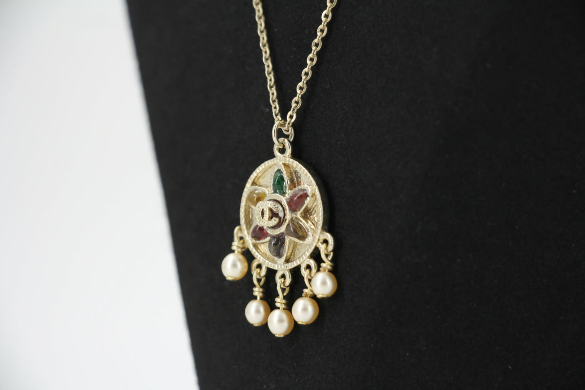 Chanel Vintage 07P Gripoix Red, Green and Yellow Gemstone Pendant Necklace