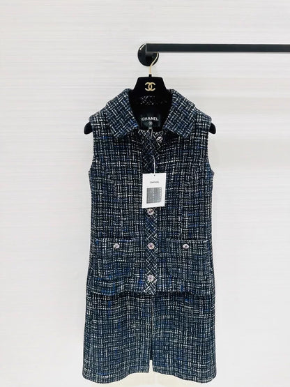 Chanel blue/black/white tweed dress/jacket