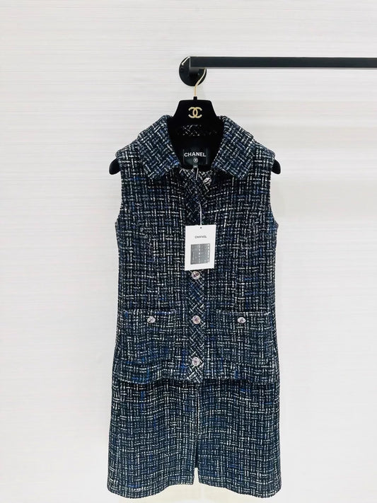 Chanel blue/black/white tweed dress/jacket