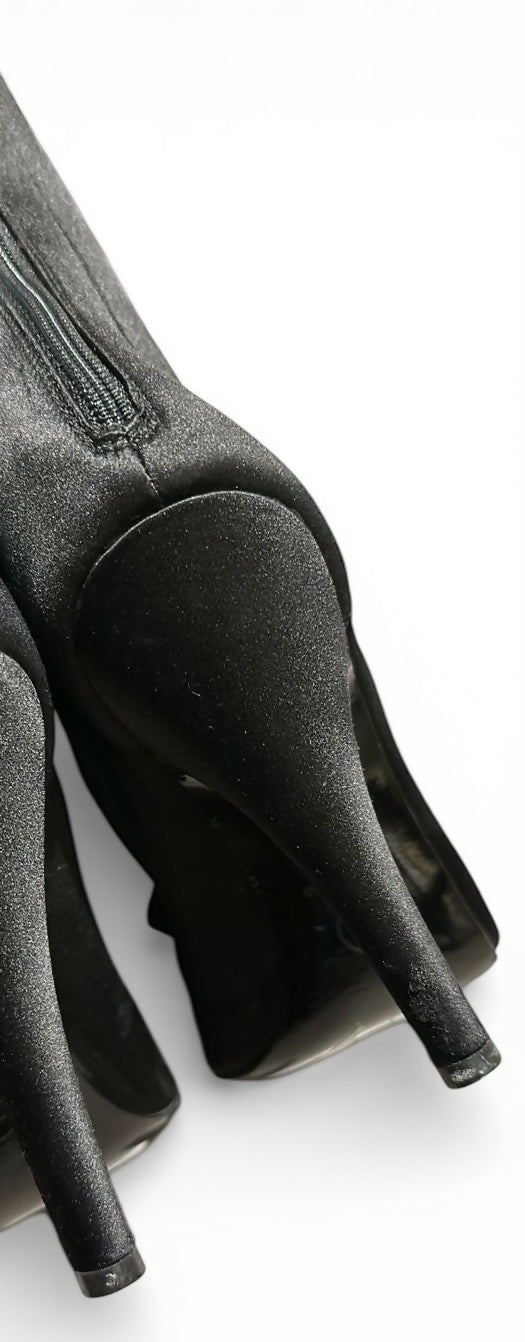 Rare Chanel 09P Black Satin CC Bow Mid Calf Peep Toe Booties Ankle Boot Heels FR 38