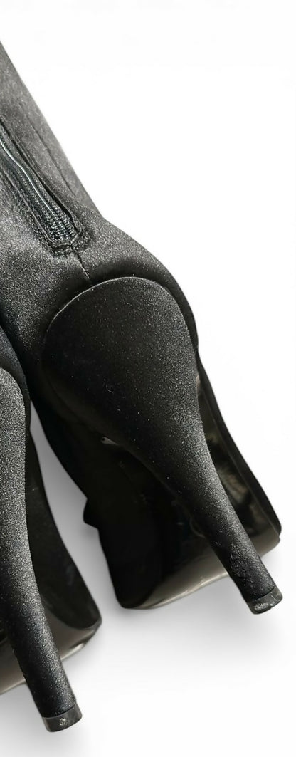 Rare Chanel 09P Black Satin CC Bow Mid Calf Peep Toe Booties Ankle Boot Heels FR 38