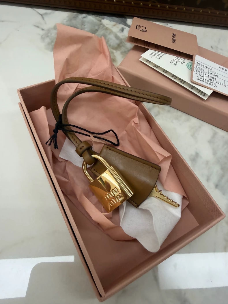 Miu miu brown leather padlock bag charms