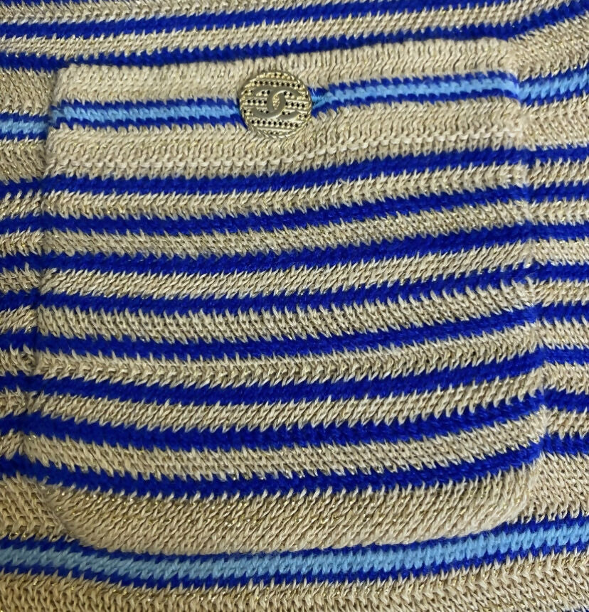 From the 2019 Cruise Resort La Pausa Collection by Karl Lagerfeld. Set Retail 5.5k Chanel Outfit in Metallic Striped Cardigan in Gold, Beige, and Blue Striped Linen Cashmere Blend with Matching Skirt. 2 Gold CC Buttons on Pockets and 2 on the skirt with