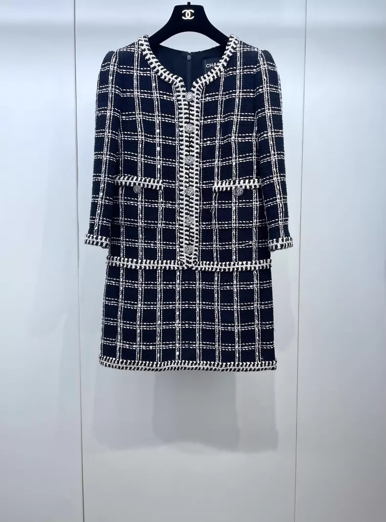 Chanel 23C black and white check tweed dress