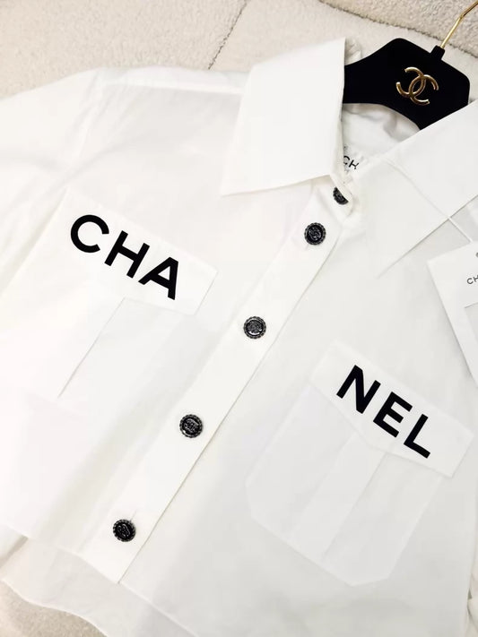 Chanel 19S Black CC print white shirt