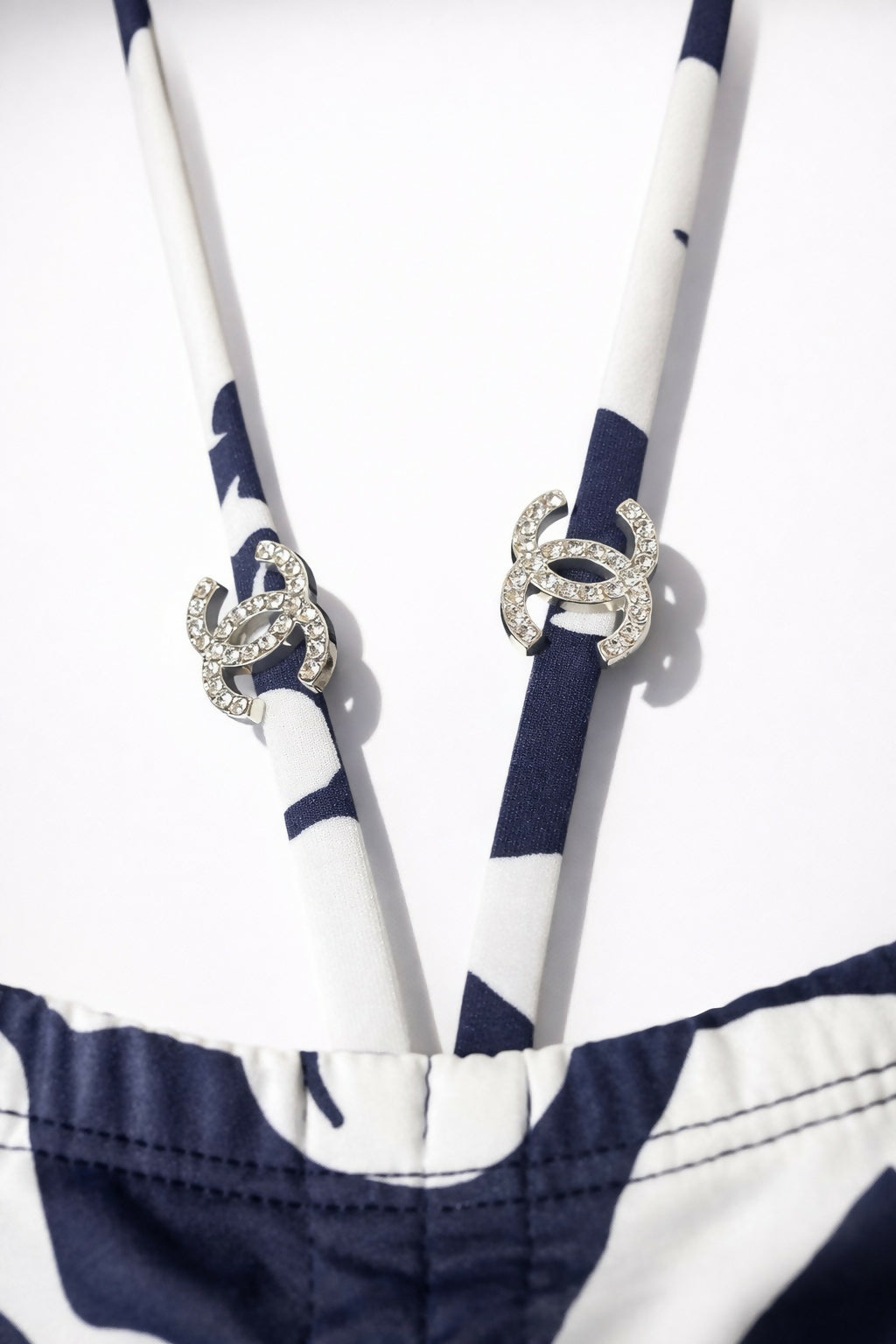 Chanel 2021 Coco Beach Dark Navy White One-Piece Cut Out Swimsuit FR 40