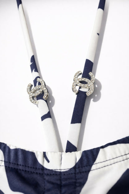 Chanel 2021 Coco Beach Dark Navy White One-Piece Cut Out Swimsuit FR 40