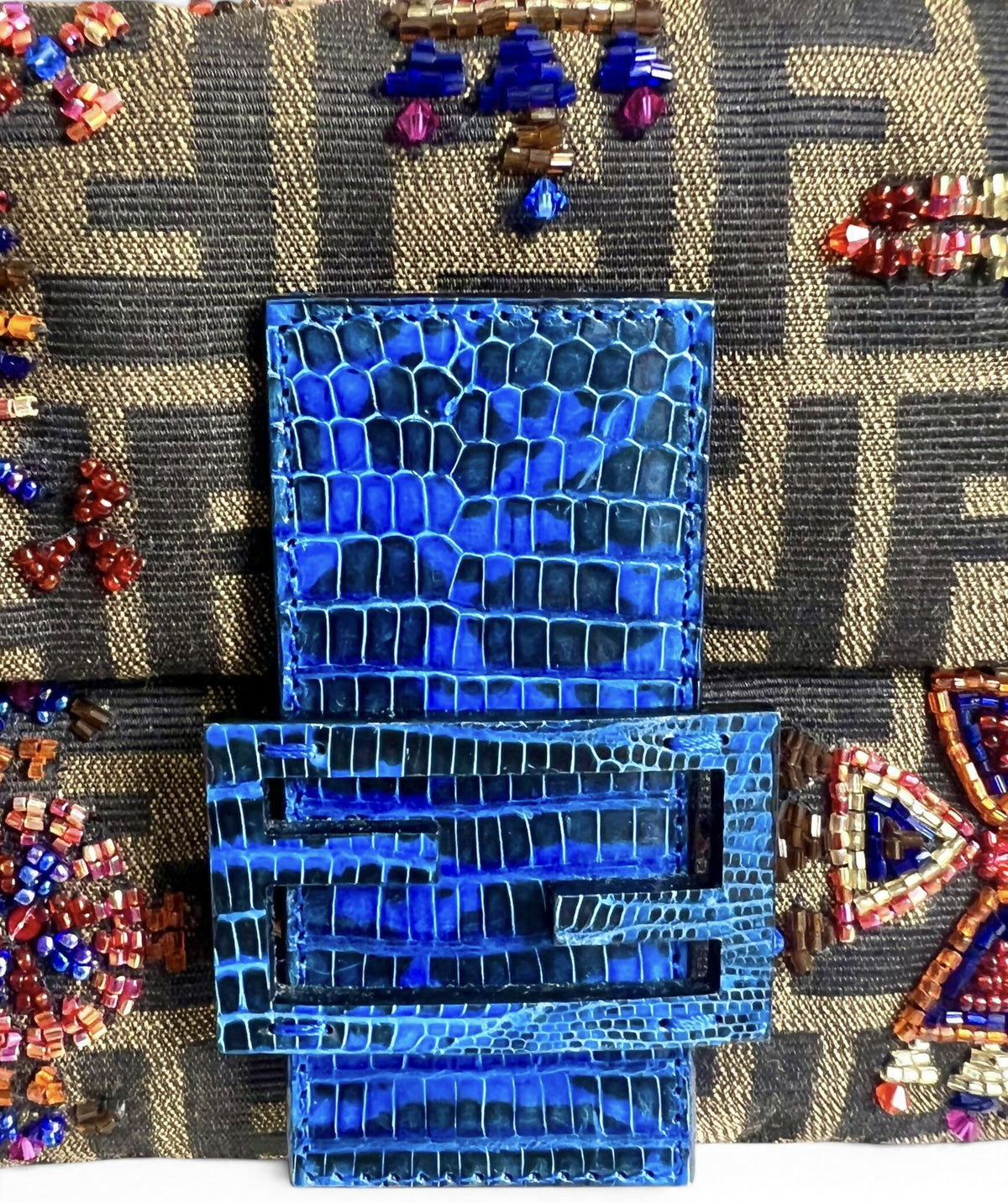 Fendi Vintage Blue Lizard Trimmed Embroidered Beaded Classic Zucca Baguette Bag