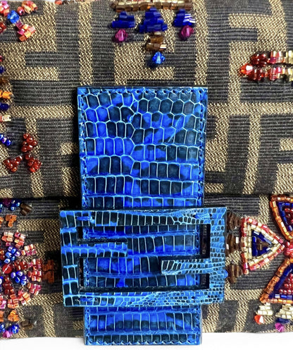 Fendi Vintage Blue Lizard Trimmed Embroidered Beaded Classic Zucca Baguette Bag
