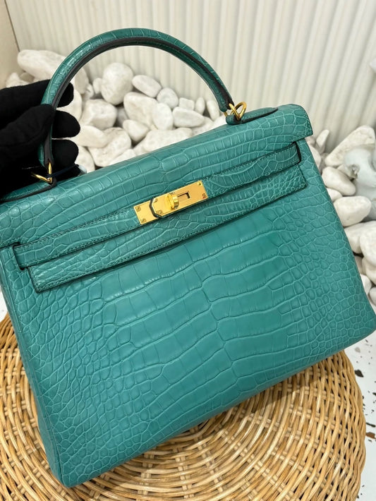 Hermes Kelly 32 Blue Peon Matte Alligator leather Gold hardware