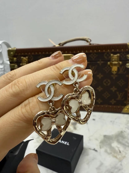 Chanel 25p Heart Bow Double C Rhinestone Pendant Earrings