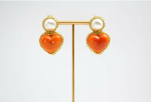 Chanel Vintage 1991 Gripoix Orange Heart Imitation Pearl Clip-on Earrings