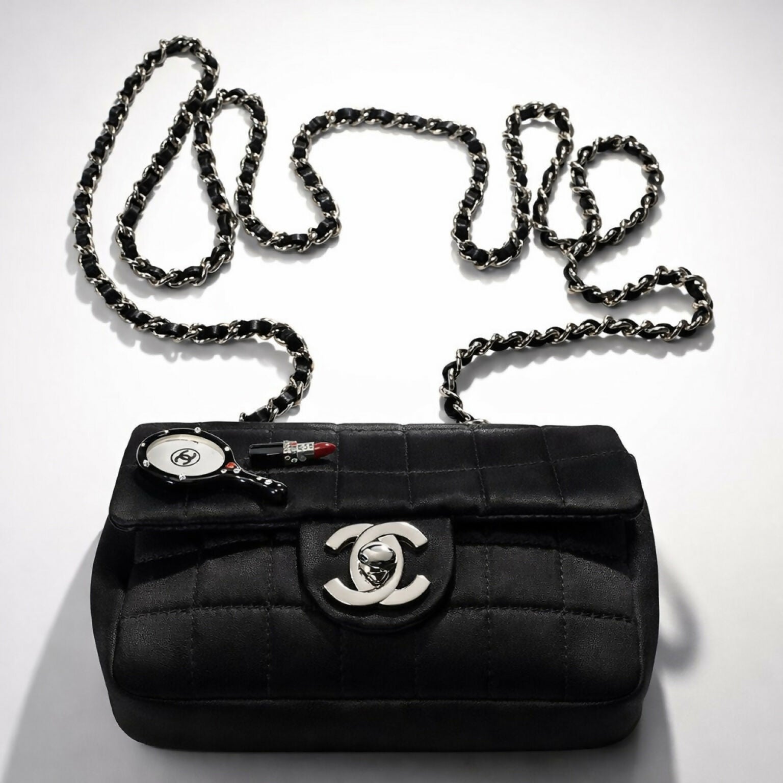 Chanel 04A Black Satin Mini Lipstick Mirror Charm Classic Flap Bag
