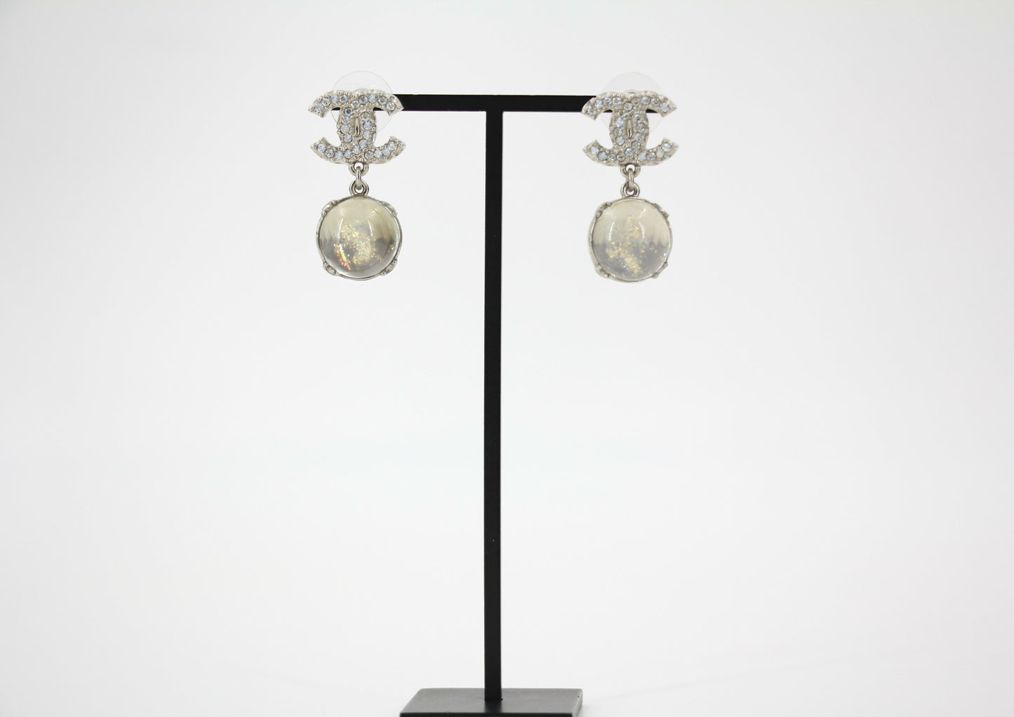 Chanel 17K Rhinestone Semi-transparent Round Pendant CC Stud Earrings
