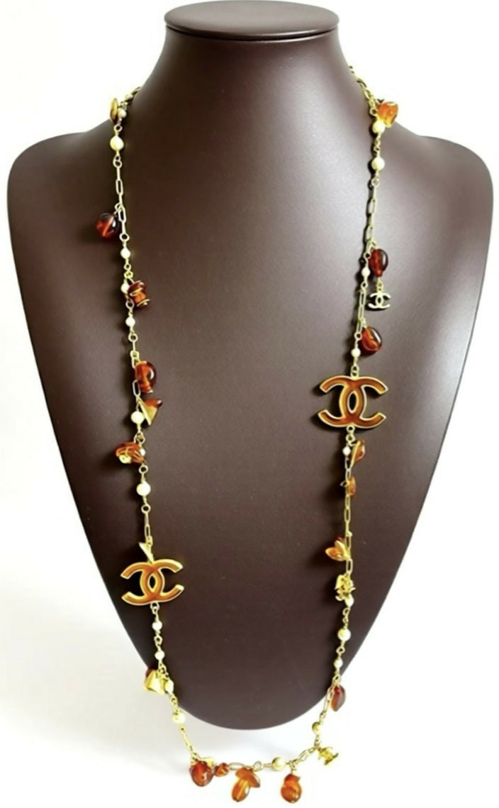 Chanel 11C Runway Amber Orange Gold Pearl Sautoir Long Strand Statement Necklace